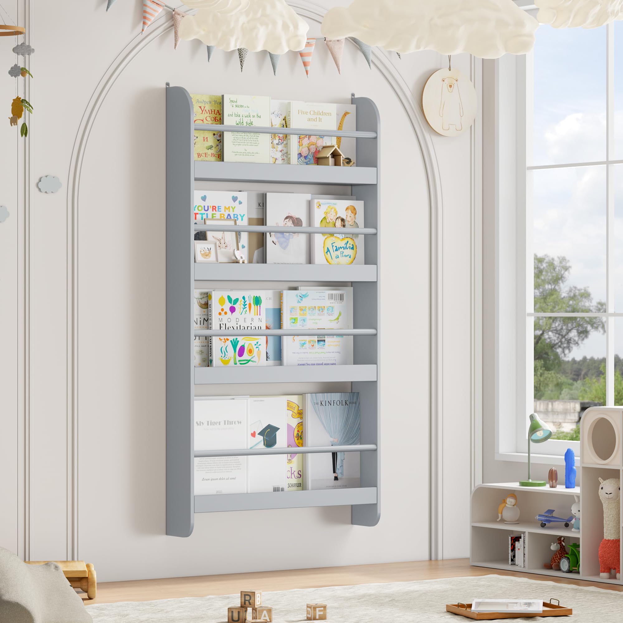 FOTOSOK Kids Bookshelf, Wall Mount 4-Tier Book Shelf Organizer for Toys and Books, Toy Storage Bookshelf in Bedroom, Living Room and Nursery, Grey