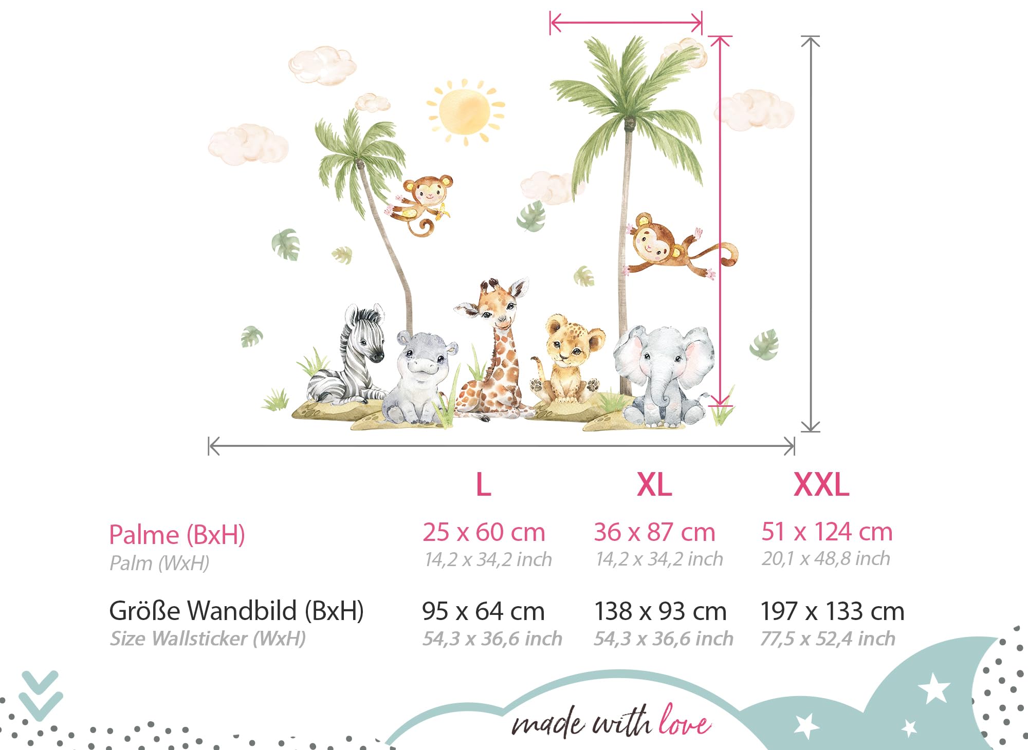 Little Deco XXL Wandsticker Baby Safari Tiere Wandtattoo Set Kinderzimmer Wandaufkleber Löwe Giraffe Elefant Babyzimmer Wanddeko DL5114-05
