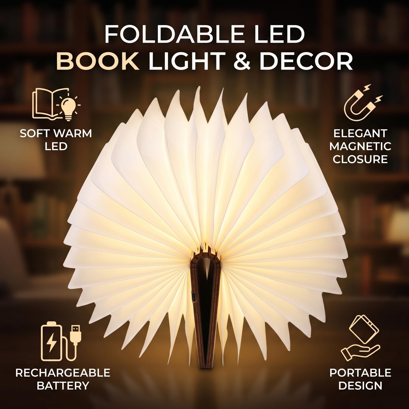 Fockety Lampada da lettura a LED pieghevole, ricaricabile tramite USB | Legno, luce calda 3000K-3500K, chiusura magnetica, batteria 2,5 W 1200 mAh, ricarica tramite USB Type-C, compatta per i