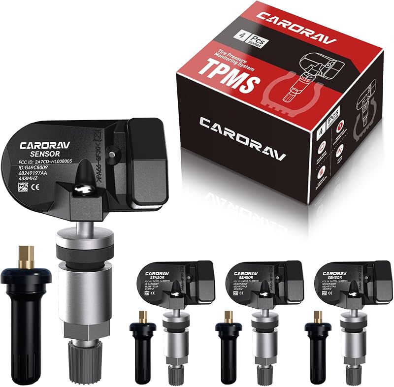 TPMS Sensor, 433MHz Tire Pressure Monitoring Sensor for 13-24 Jeep Cherokee | For Dodge Ram 2500 3500 4000 4500 5500, 4PCS Replaces 68249197AA 68157568AA - 4 Replaceable Valve Stems