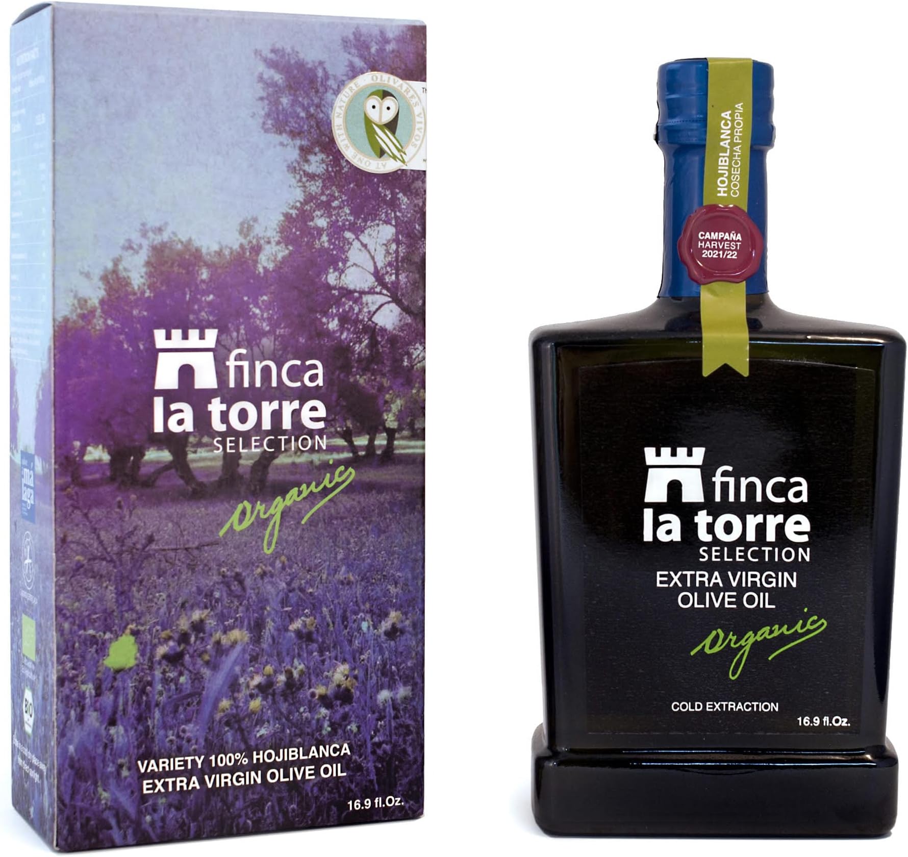 Finca La Torre Hojiblanca Organic Olive Oil - Extra Virgin Cold Pressed Spanish Olive Oil - Premium Oil from Malaga, Spain - Gourmet Food Gifts - 2021 Flos Olei Hall of Fame Winner (500 ml Bottle)