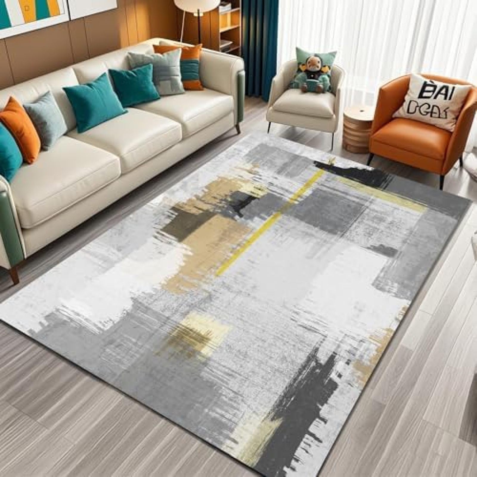 Tapis de salon moderne abstrait encre gris jaune 200 x 250 cm