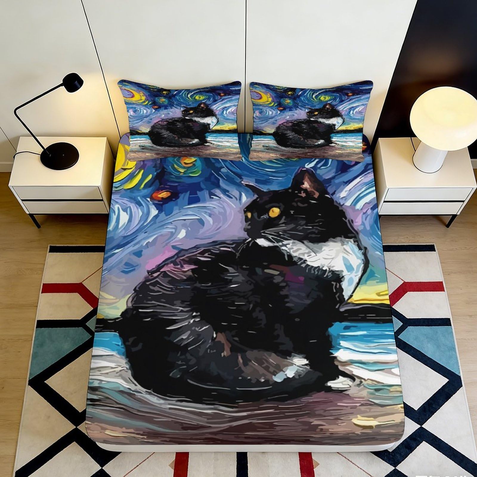 3D Printed Starry Night Cat Fitted Sheet Microfiber Soft Anti-Slip Galaxy Art Mattress Cover for Bedroom Dorm Decor 90x200x25cm
