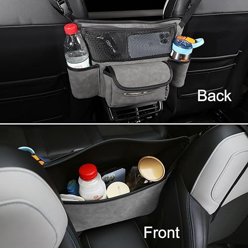 Miniatura 2 de Organizador de asiento de automóvil de cuero para bolsobolso, cabe entre asientos delanteros, sostiene cartera, teléfono y artículos esenciales. Gris