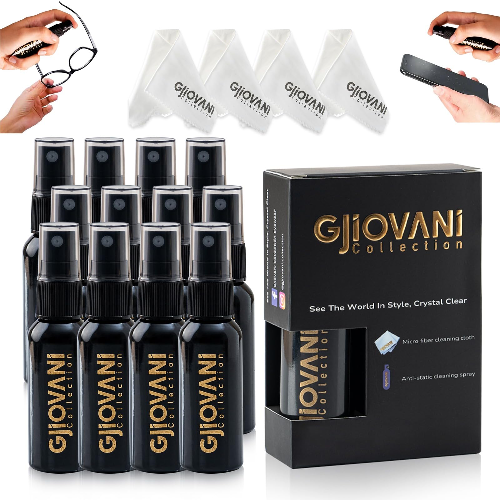 Juego de 12 limpiadores de gafas, spray limpiador de gafas y spray de limpieza con paño de microfibra, sin rayas, sin alcohol, antivaho, spray de limpieza para gafas y pantalla, 30 ml cada uno