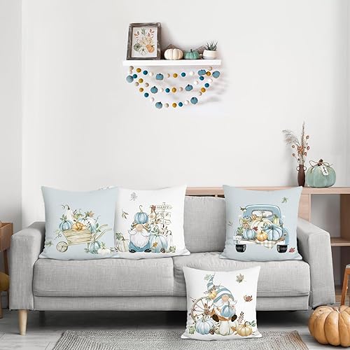 Miniatura 8 de Bonhause Juego de 4 fundas de almohada de otoño de 18 x 18 pulgadas, diseño de calabazas color beige y azul, para sofá, decoración de otoño