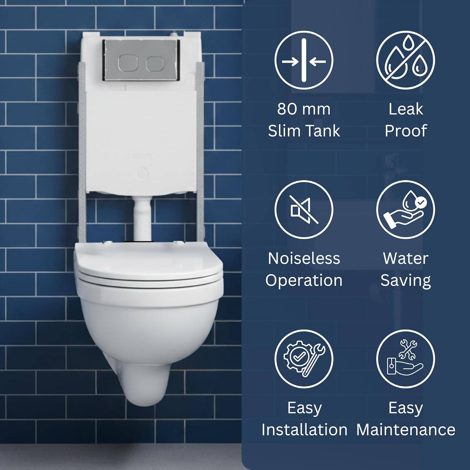 Image highlighting key features of the Parryware Linea Plus Concealed Flush Tank: 80mm slim tank, leak proof, noiseless operation, water saving, easy installation, and easy maintenance.