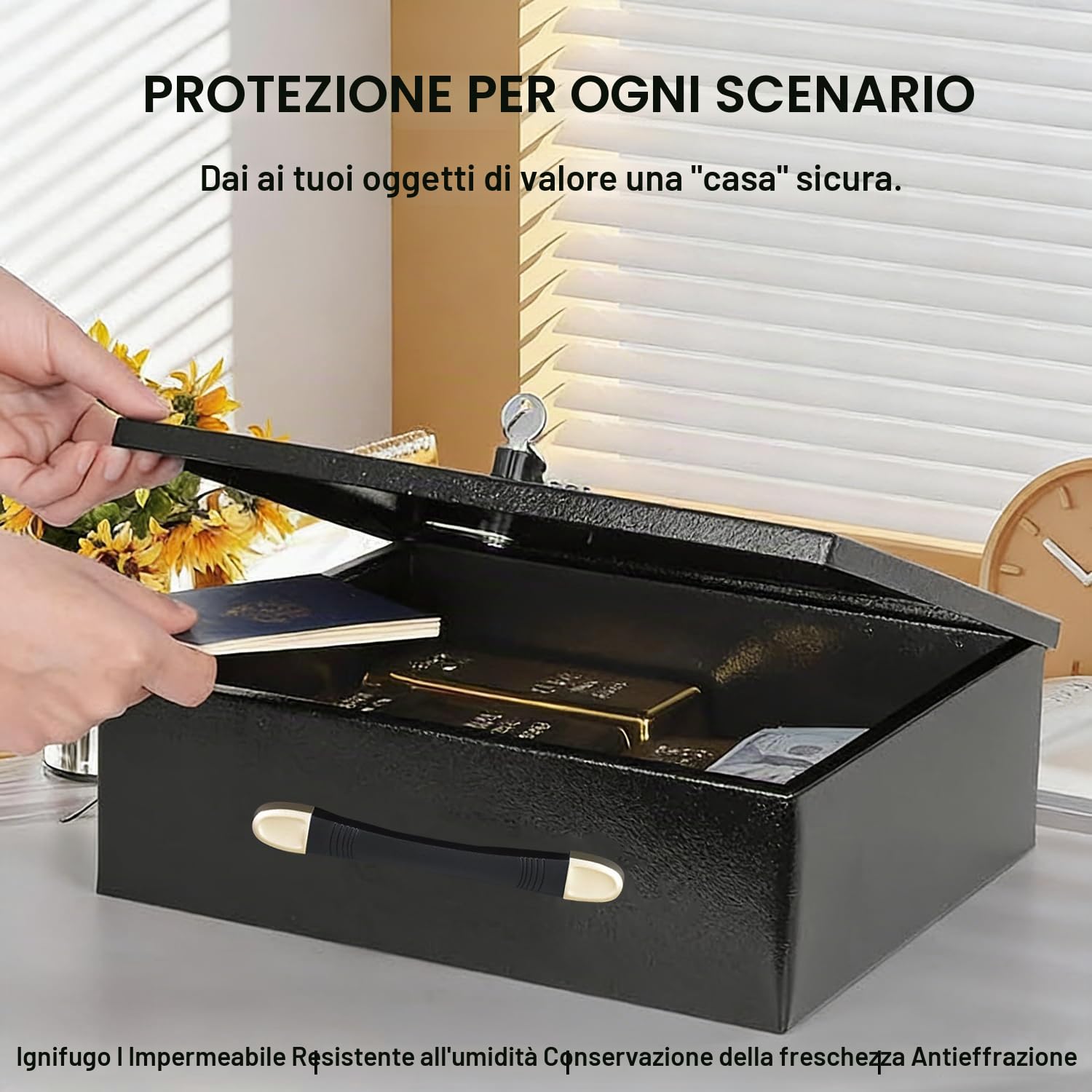 Cassaforte Per Documenti Portatile Sicurezza Ignifugo Con Chiave,Cassetta Di Sicurezza,Per La Casa Con Maniglia,Impermeabile,Per Conservare Contanti,e Documenti In Formato a4