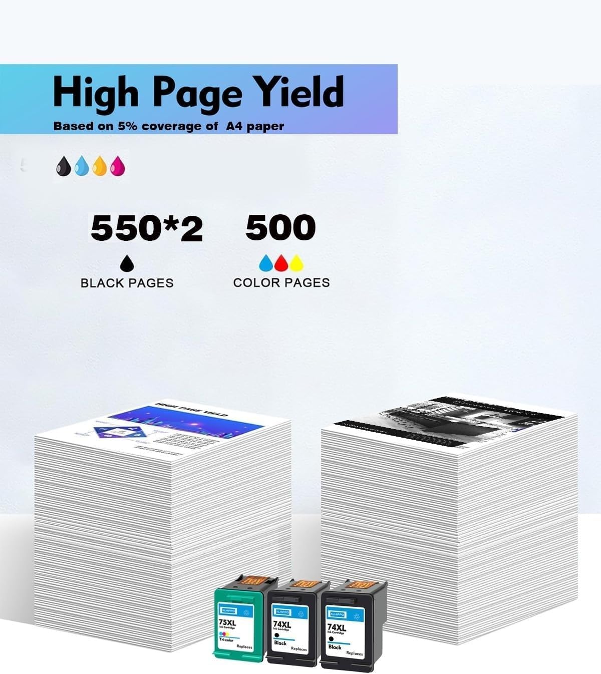 Ink 74XL 75XL Replacement for HP 74 75 Ink Cartridges Combo Pack for PhotoSmart C4280 C4480 C5280 C4400 C4580 C4250 DeskJet D4260 D4360 OfficeJet J6480 Printer (2 * 74 Black 1 * 75 Tri-Color)