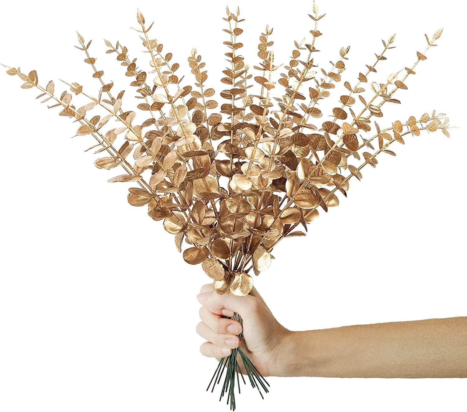 24Pcs Eucalyptus Stem Artificial Decor，Eucalyptus Leaves Fake Greenery Branches for Wedding Centerpiece Flower Floral Farmhouse Home Decoration (Gold*24)