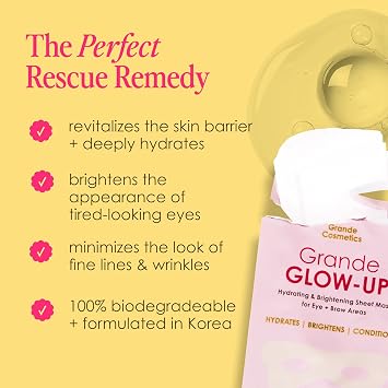 Grande Cosmetics GrandeGLOW Up Sheet Mask Set - for Hydrated, Brighter-Looking Eye & Brow Areas (5 Count)