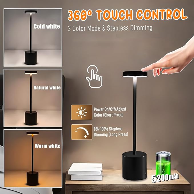 Duo Lu Tong LED Rechargeable Table Lamp, 5200mAh Battery Operated Cordless Table Lamp with 3 Color Stepless Dimming Portable Modern LED Table Lamps for Bedroom Dining Room Bars Terrace Set of 2 photo 6