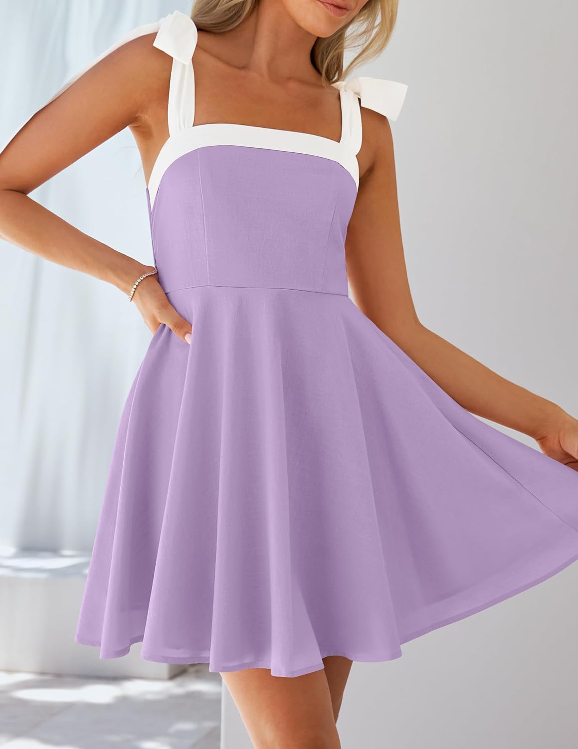 ZESICA Womens Summer Sleeveless Mini Dress Tie Shoulder Square Neck High Waist Swing A Line Short Sundresses - Image 2