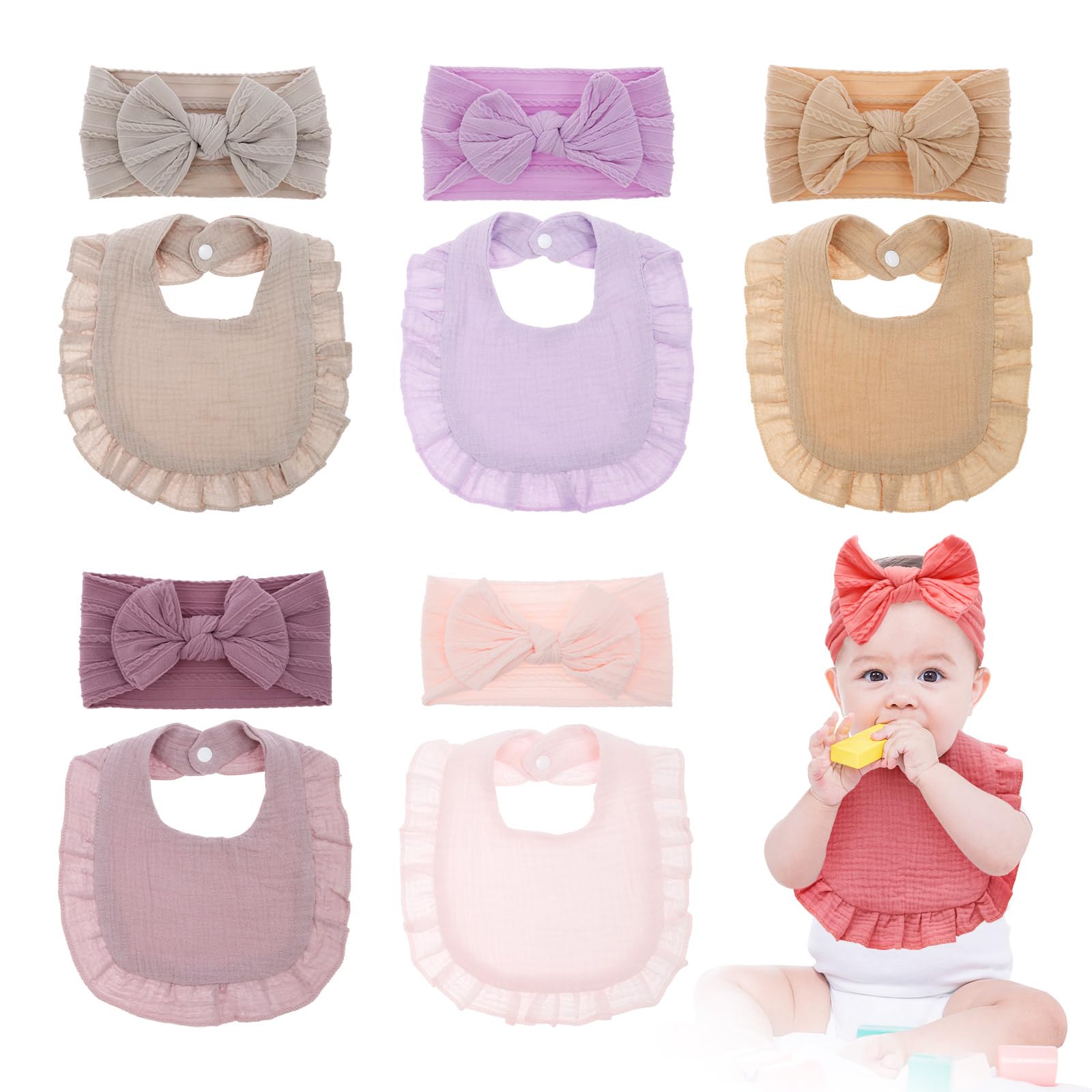 Caffney 12 Pack Bandana Drool Bibs Muslins Baby Dribble Bibs with Baby Headbands with Bows Dribble Bandana Bibs Teething Soft and Absorbent for Newborn Toddlers 0-24 Months