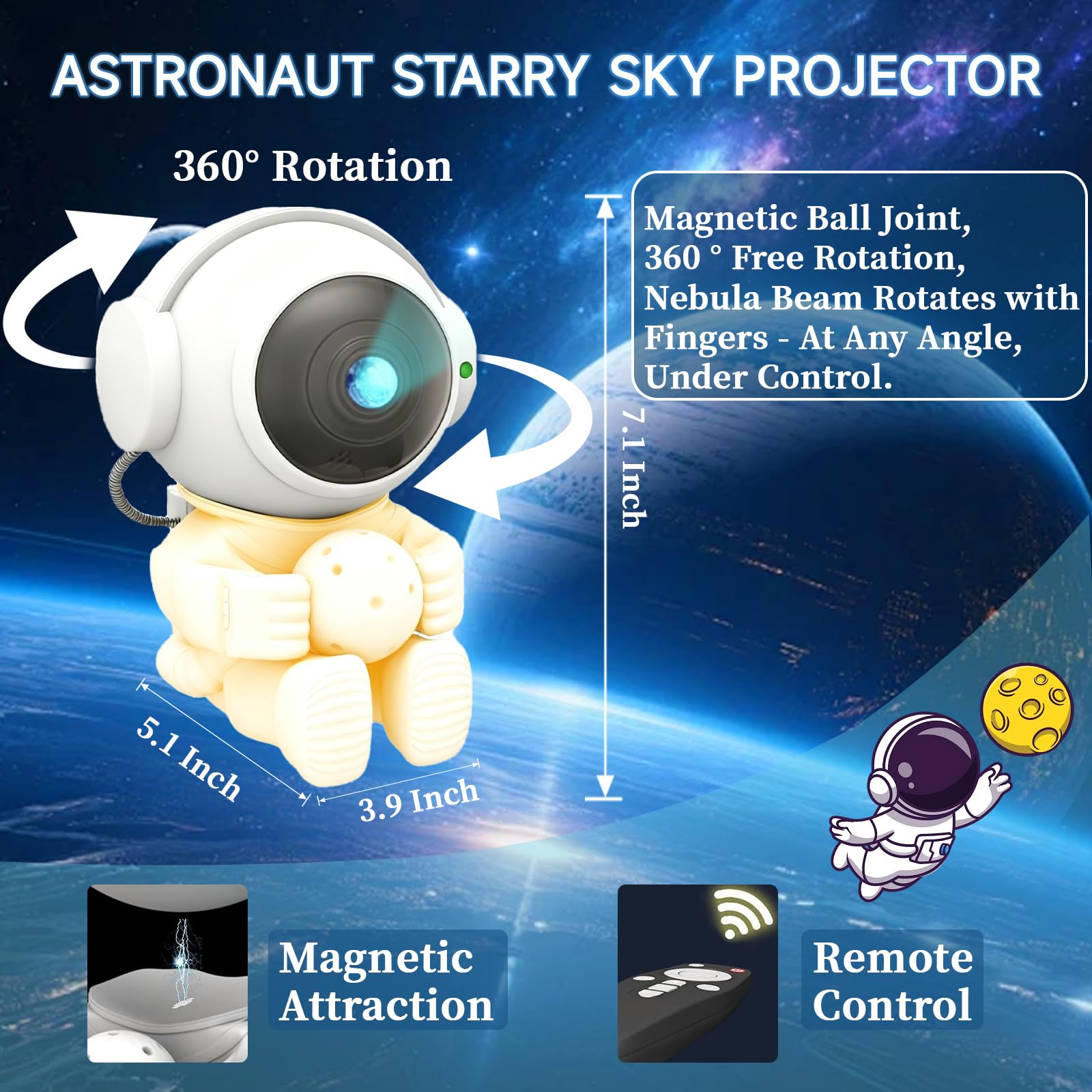 1 Stück Astronaut Galaxy Star Projektor - Weiß Astronaut Halten Ball Sternennachtlicht mit Fernbedienung, Einstellbare Timing Helligkeit für Schlafzimmer Gaming Zimmer Dekoration Geschenk