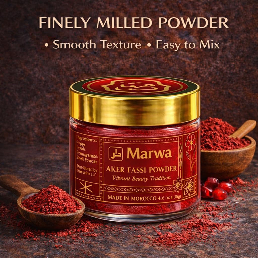 Pure Moroccan Aker Fassi Powder – Natural Lip & Cheek Tint, Beauty Mask & Hammam Ritual – Red Poppy & Pomegranate – 4.6 oz (130g)