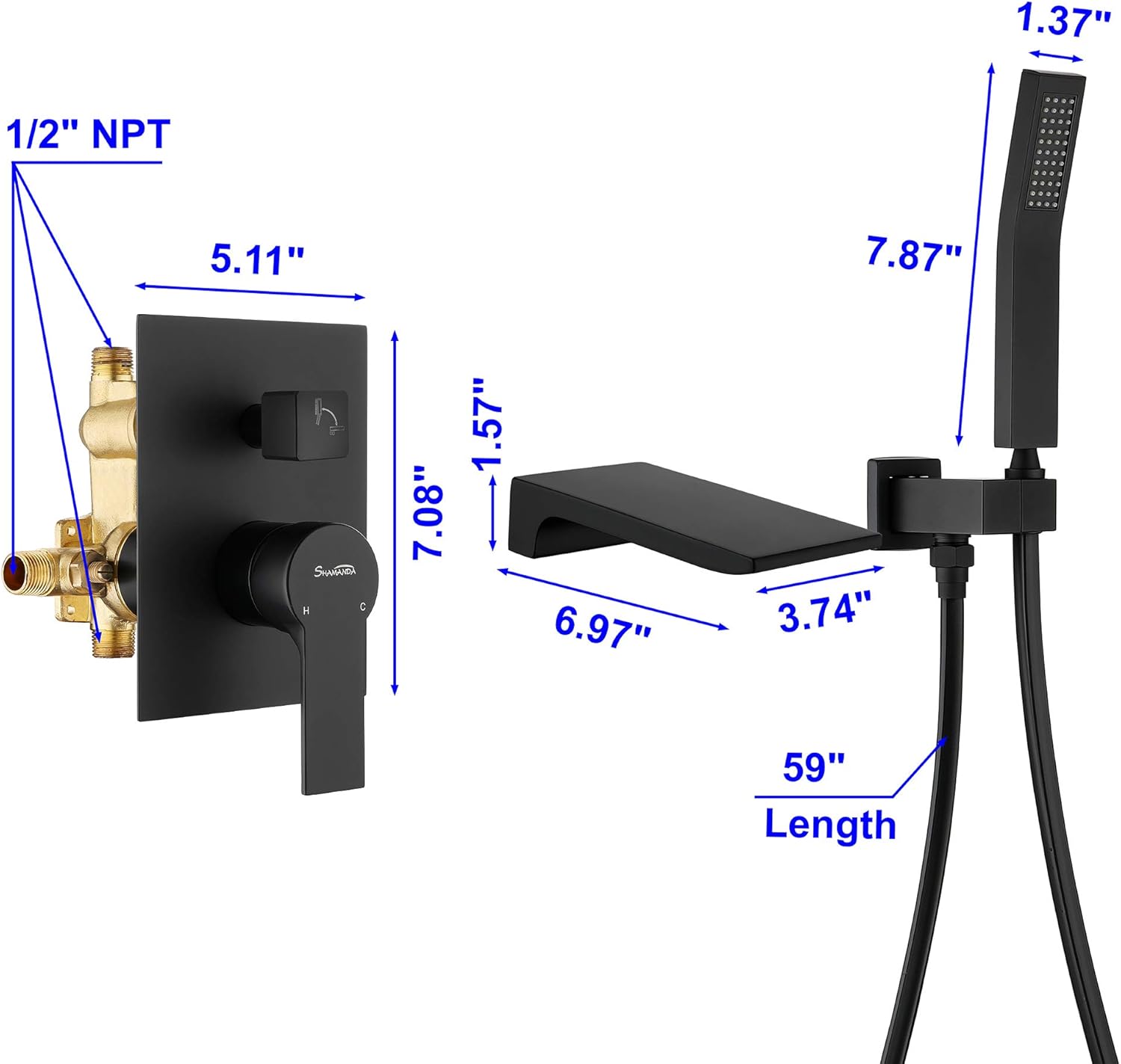 SHAMANDA Waterfall Wall Mounted Bathtub Faucet with Hand Shower, Bathroom Single Handle Tub Faucet Modern Brass Tub Shower Faucet Set(Including Rough-In Valve Body and Trim), Matte Black, L901-7