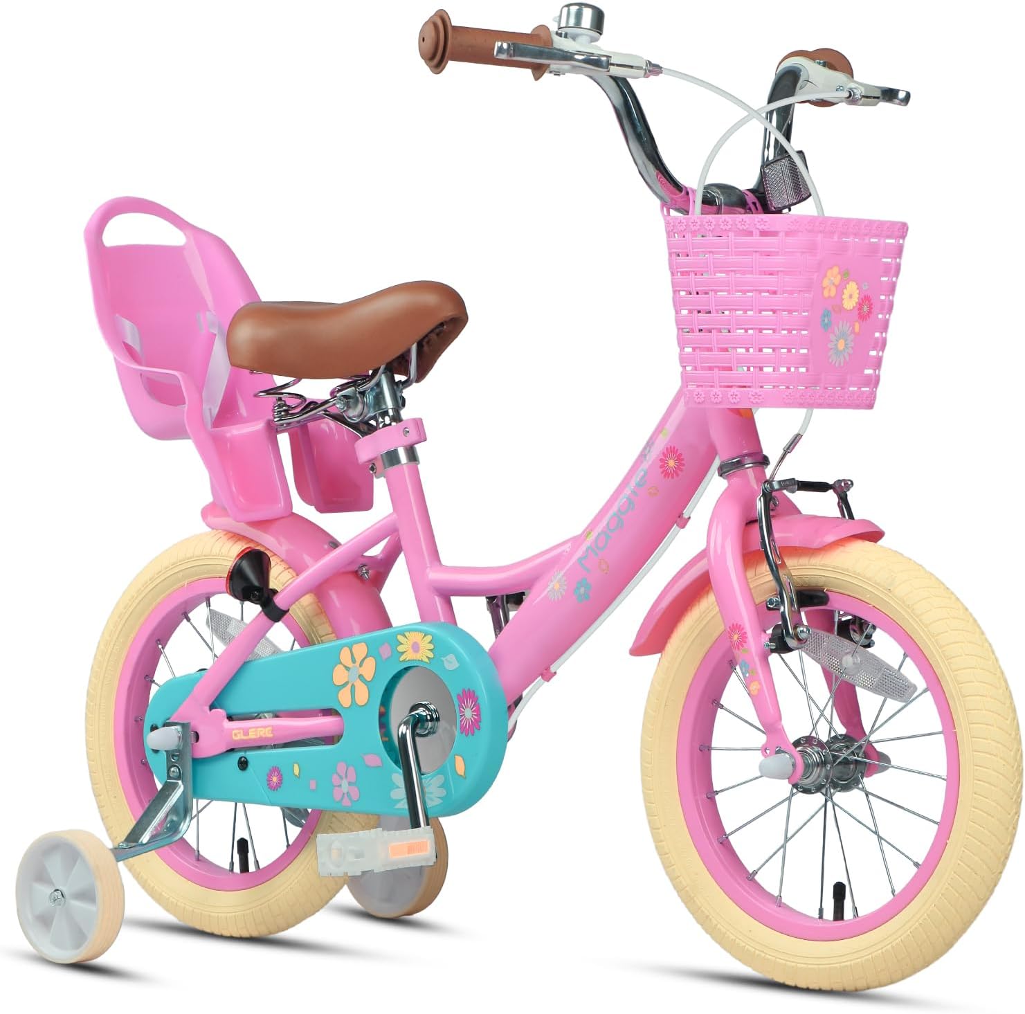 Glerc Maggie 12 14 16 20 Inch Kids Bike for 2-13 Years Old, Girls Bicycle with Doll-Seat & Basket & Stabilisers & Kickstand, Multiple Colors