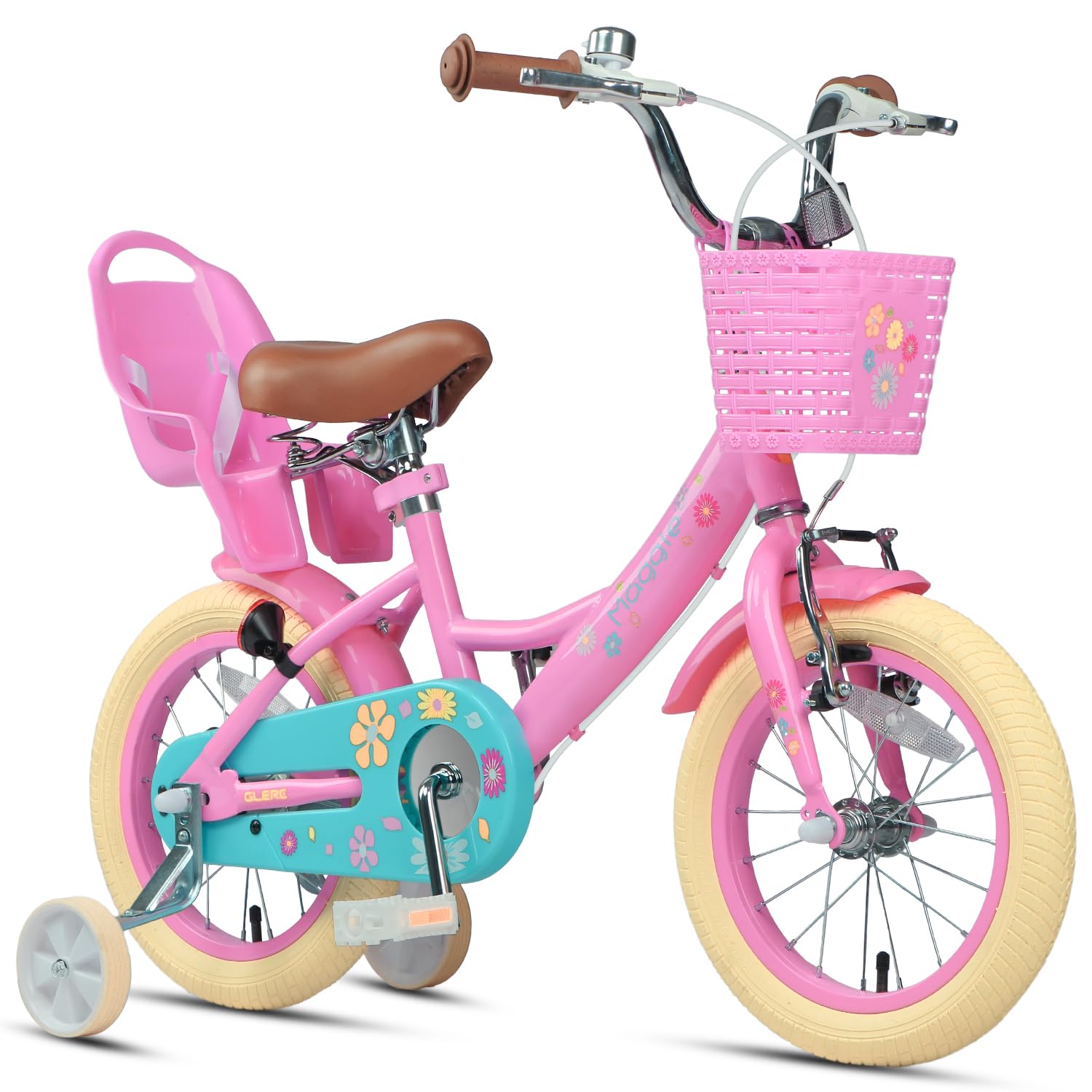 Glerc Maggie 12 14 16 20 Inch Bike Ages for 1-13 Year Old Girls Princess Style with Doll-Seat & Basket & Kickstand for Gift, Multiple Colors