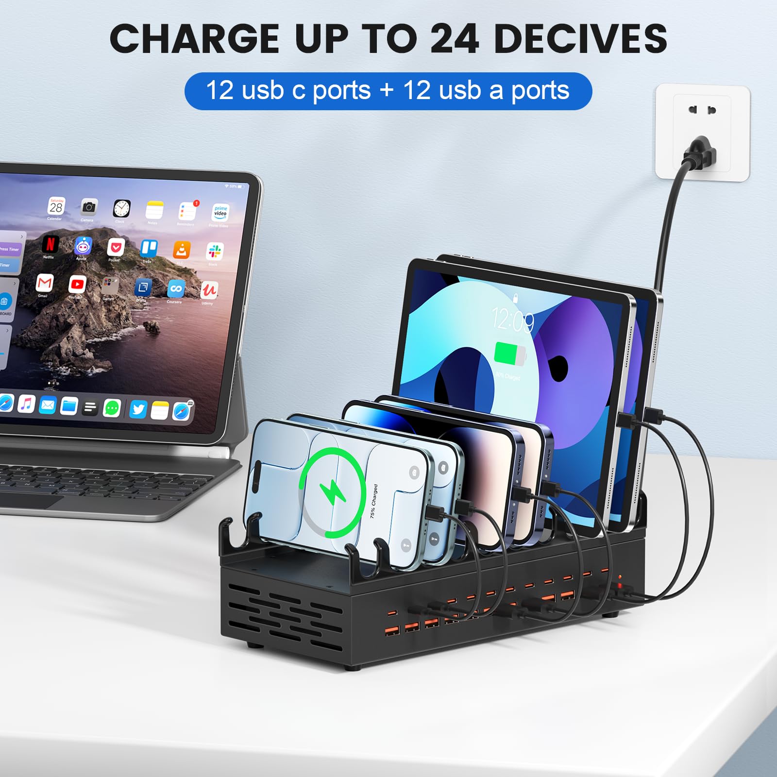 Estación de carga multipuerto USB de 300 W, 24 puertos de carga rápida, compatible con teléfonos, iPad, AirPods, consolas de juegos, pequeña y segura para el hogar, la oficina y los viajes