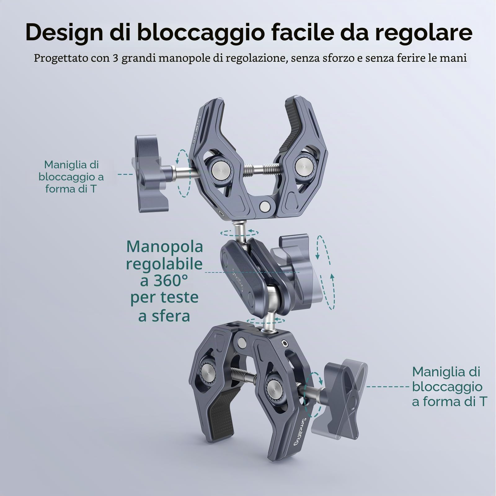 SMALLRIG Super Morsetto con Doppi Morsetti a Forma di Granchio, Magic Arm Doppio Adattatore Testa a Sfera per Action Camera, Treppiede, Riflettore Fotografico, Manubrio, Traversa - 4103B