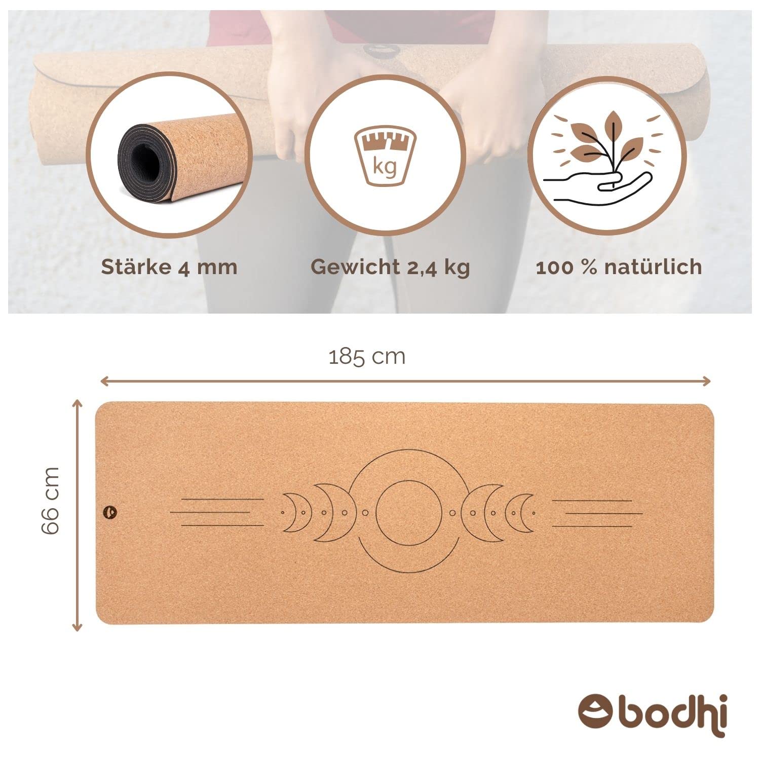 bodhi Yogamatte Kork | 4 mm | 100% Nachhaltig & Ökologisch | Hohe Rutschfestigkeit | Yoga Matte aus Kork & Naturkautschuk | Ideal für Hot Yoga | 185 x 66 x 0,4 cm | Unterschiedliche Motive