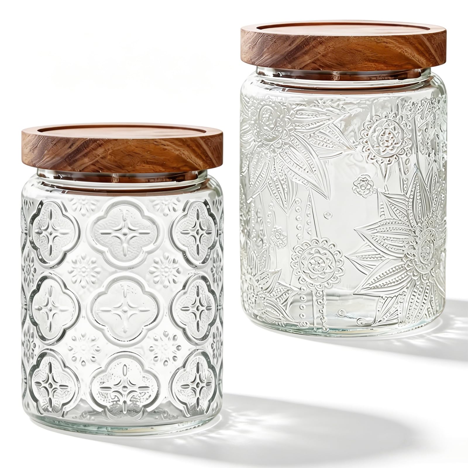 zxevg 2-Pack 700ml Glass Food Containers with Wooden Lids – Embossed Overnight Oats Jar, Airtight Spice Mason Jars for Kitchen Pantry, Cookie, Coffee, Sugar, Cereal