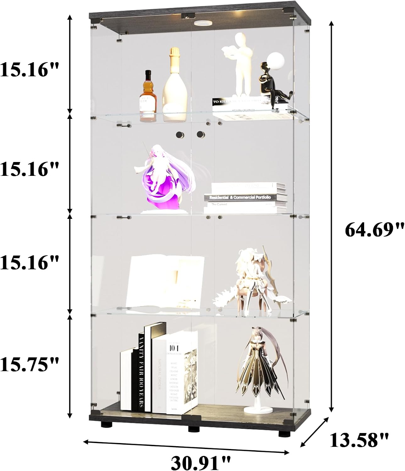 4-Shelf Glass Display Cabinet with LED Lights & Lock,Curio Cabinets Display Case with 2 Door,Tempered Glass Collection Display Showcase for Living Room,Exhibition Hall 64.7"x 30.9"x 13.6" Black