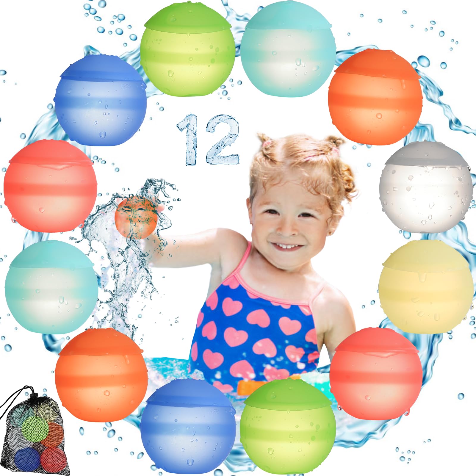 UHdod 12 Pcs Reusable Water Balloons, Outdoor Summer Toys for Kids