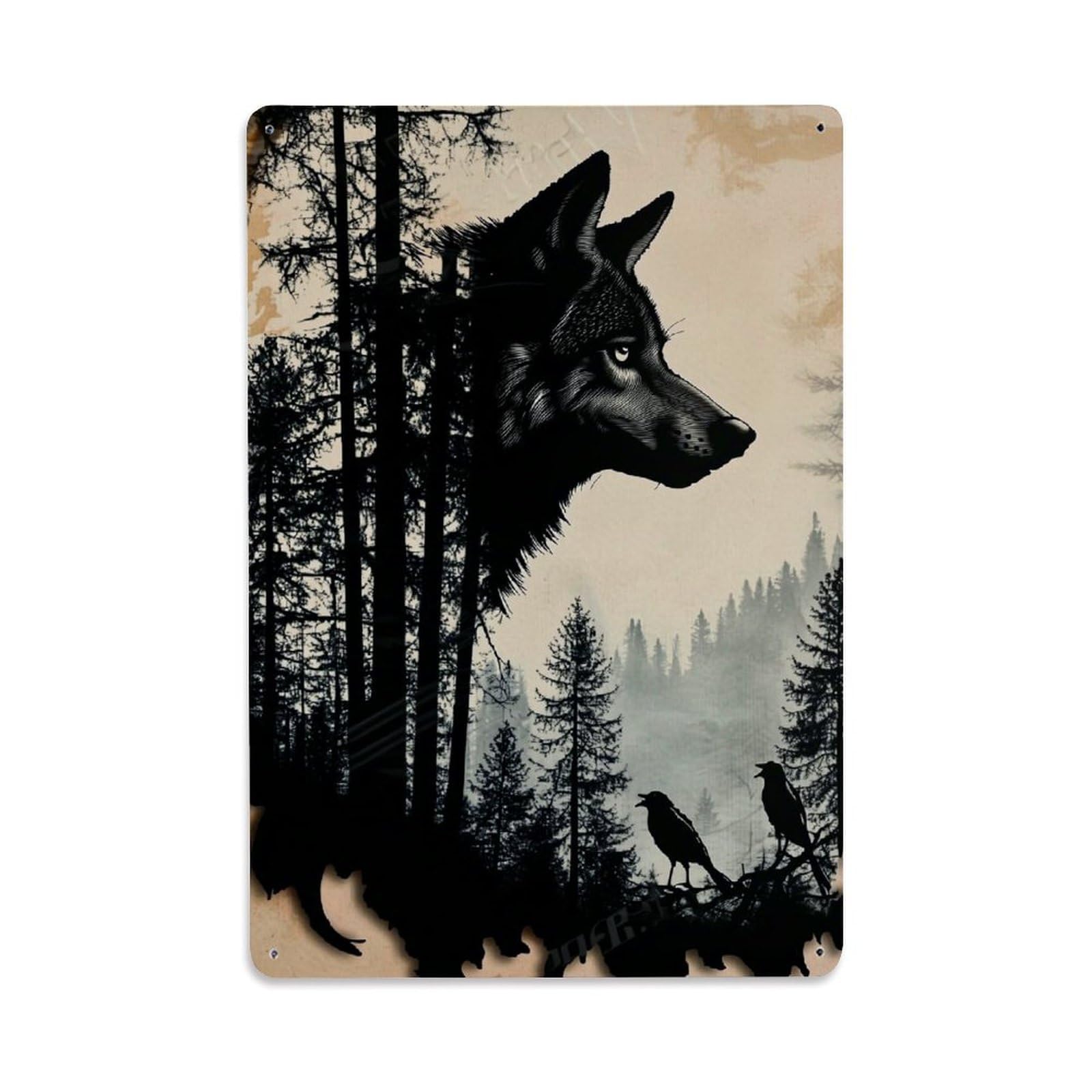 Jdyaojiesheng Vintage Wolf Forest Birds Silhouette Art Tin Sign Retro Metal Wall Decor Metal Poster, Home Bar Garage Farmhouse Cafe Wall Art Decoration 8X12inches