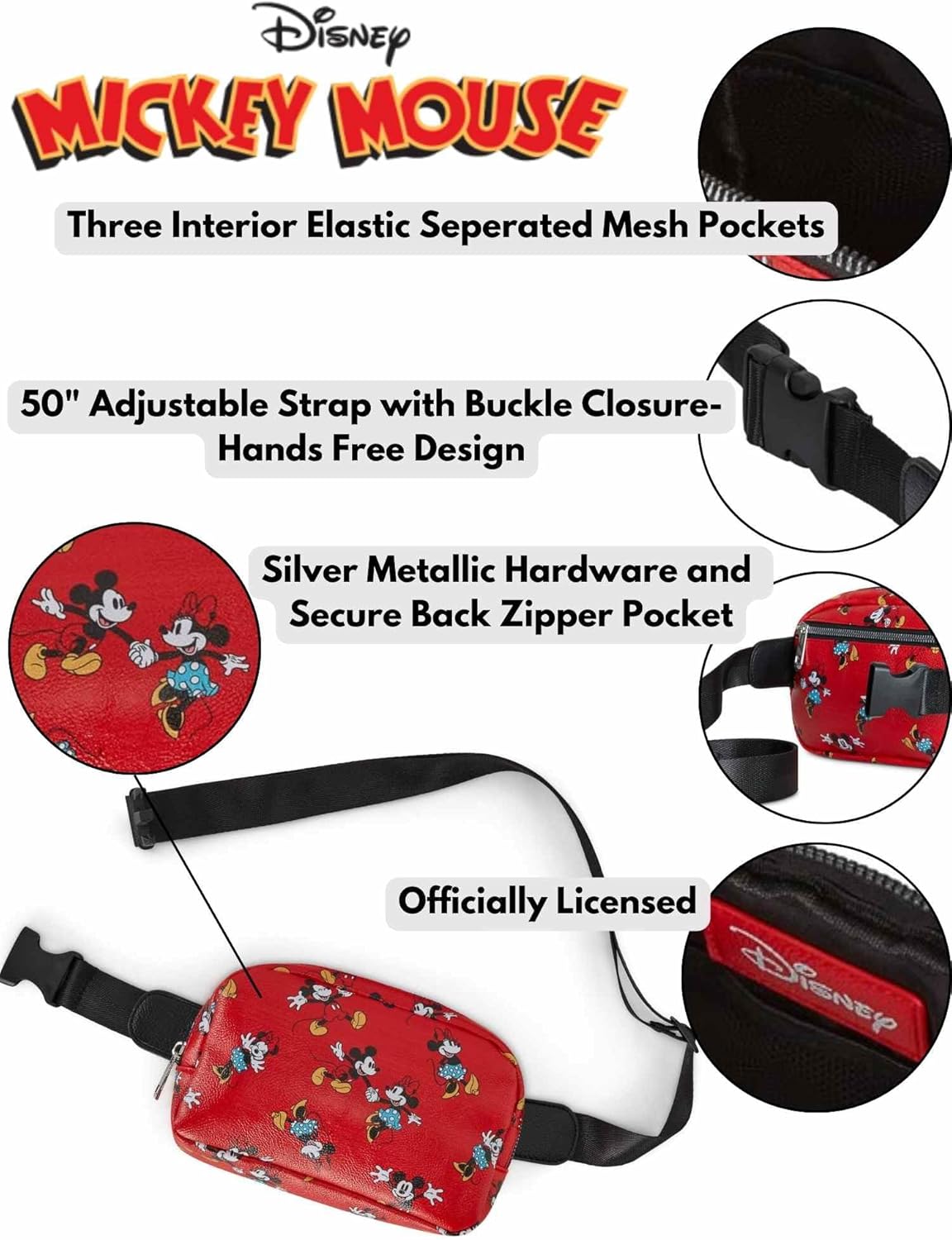 Womens Disney Belt Bag Crossbody Fanny Pack Waist Bag (Mickey Minnie Mouse Red) - Image 3