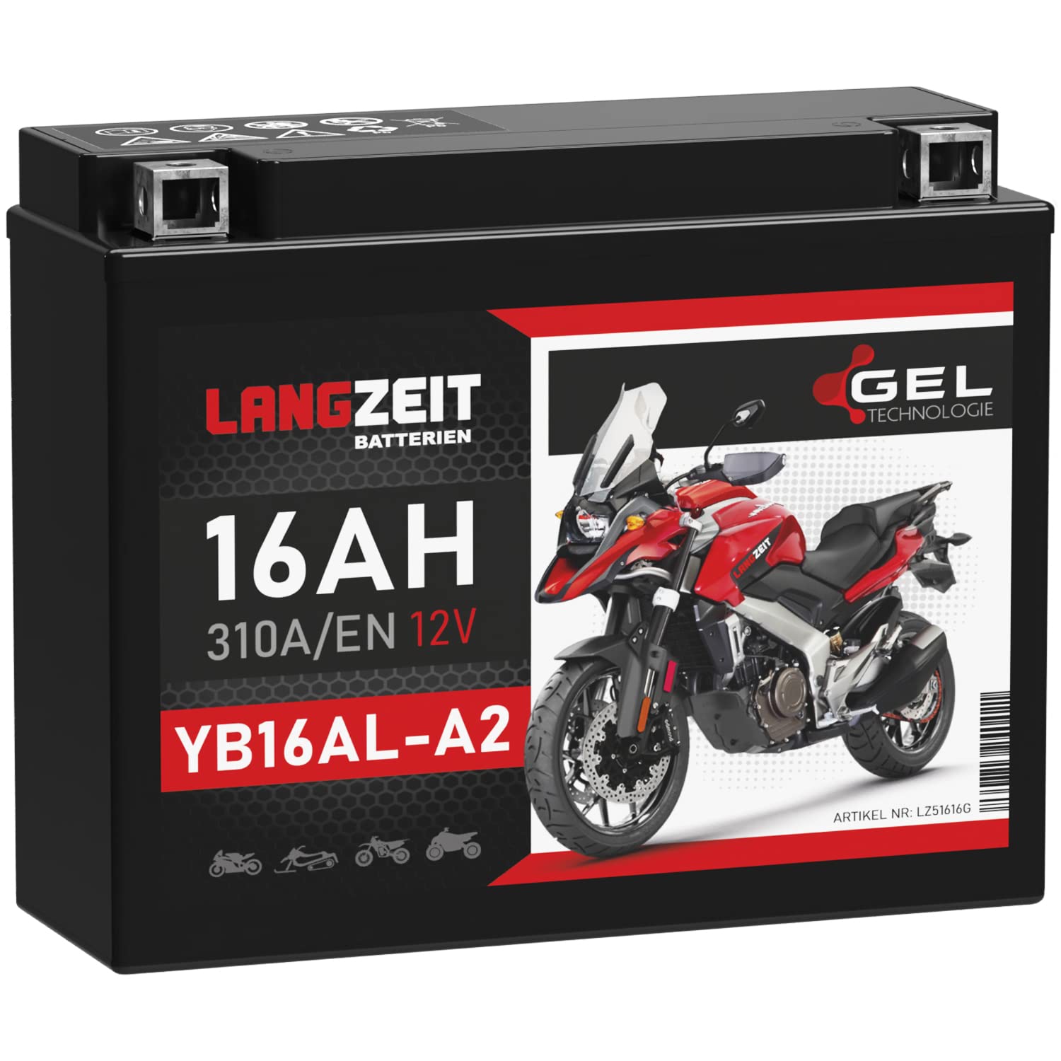 LANGZEIT YB16AL-A2 batteria moto 12V 16Ah GEL FB16AL-A2 51616 BB16AL-A2
