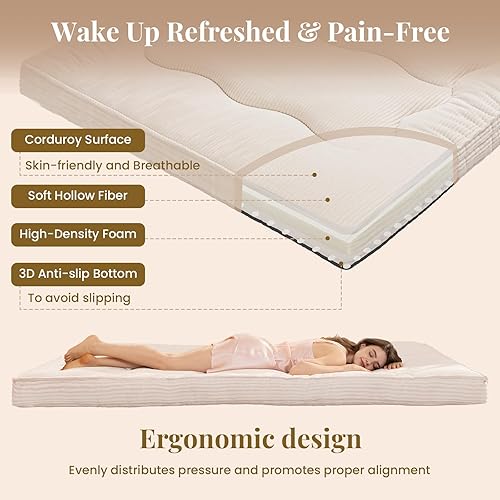 Miniatura 2 de Colchón japonés para suelo, colchón de futón de 4" de grosor tamaño Queen, almohadilla para dormir, almohadilla de suelo plegable de pana, tapete de