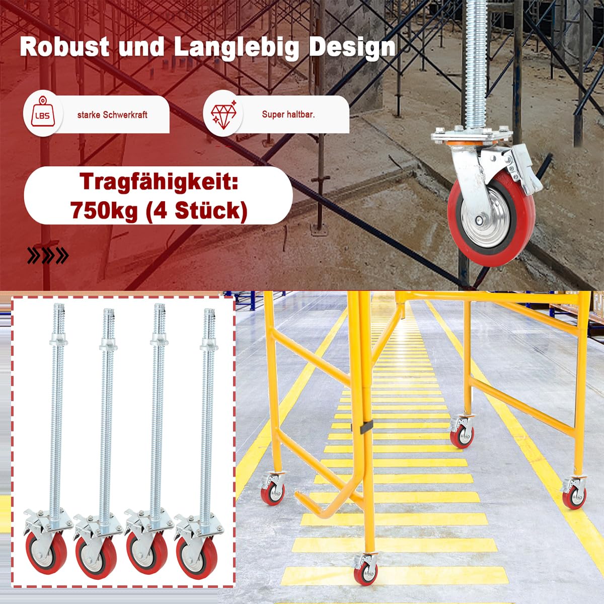 4 Stück Gerüstrollen 190 mm Stahlspindel Gerüsträder mit Bremsem | 360° Drehbar, 750kg Tragfähigkeit, Spindelrollen Gerüst Schwerlastrollen Räder, für Arbeitsgerüste Transportrollen Lenkrollen