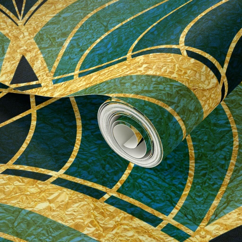 Spoonflower Peel & Stick Wallpaper 3ft x 2ft - Gold Art Deco Wave Cyan Teal Tile Deep Blue Midnight Green Black Pattern Custom Removable Wallpaper