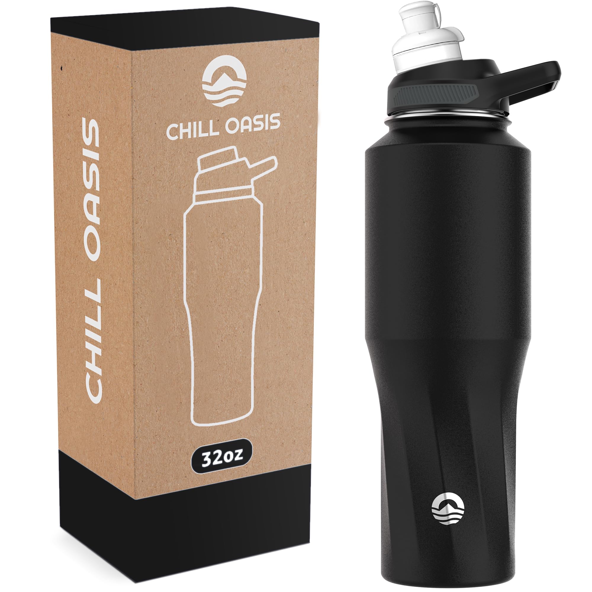 Chill OasisWater Bottle | Compatible With Popular Flavor Cartridges | BPA Free, Leak Proof, Double-Walled Vacuum Insulated Stainless Steel, and Dishwasher Safe | Cold for 24 Hours (Black, 32oz)