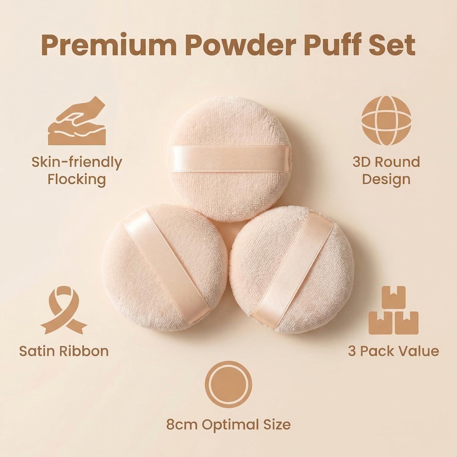 Runde Velour-Puderquasten mit Band, 8 cm, weicher Schwamm, Gesicht, Make-up, Kosmetik, loser Puderquaste, Foundation, Beauty-Werkzeug, 3 Stück (Beige)