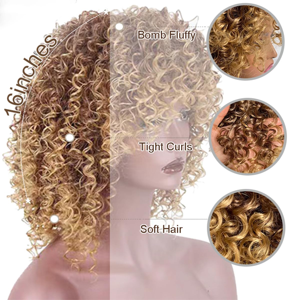 Parrucca Corta Mista Afro Hair 16 Pollici, Riccioli Sintetici Biondo Scuro E Nero &ndash; Aspetto Naturale