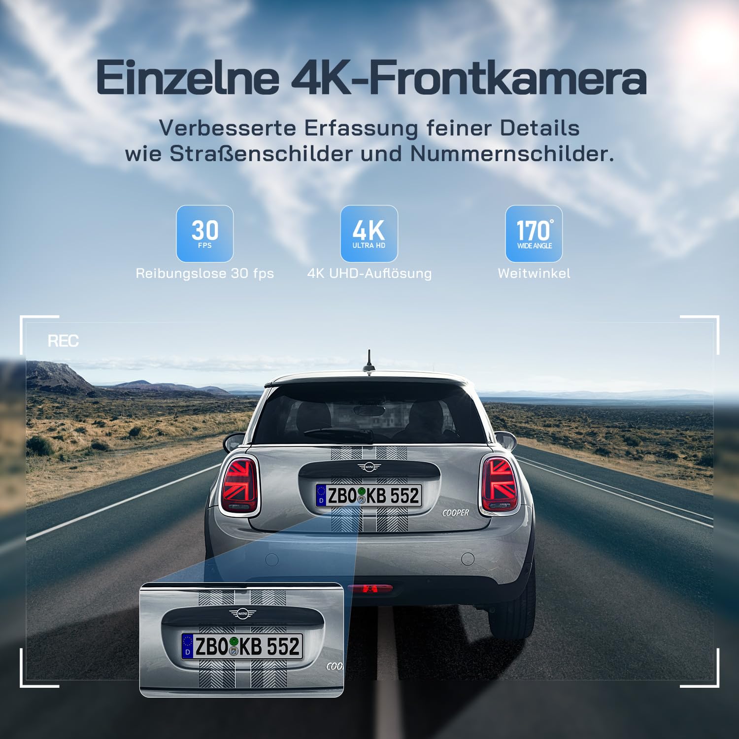 WOLFANG Dashcam 4K+1080P Wi-Fi Dual Auto Kamera Ultra-Nachtsicht 70° Weitwinkel WDR 24 Std. Parkmodus G-Sensor Loop-Aufnahme