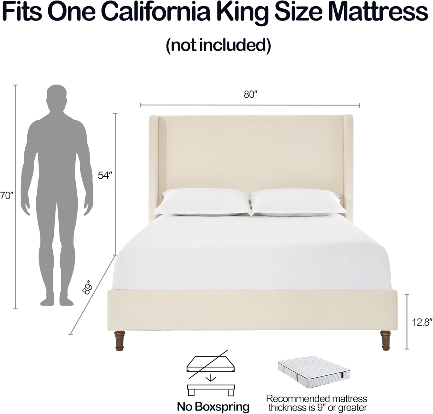 California King 54" Harper Tall Headboard Wingback Upholstered Bed Frame Boucle Platform Beds Elegant Simplicity for Bedroom Strong Wood Slats Support No Box Spring Needed No Noise Ivory