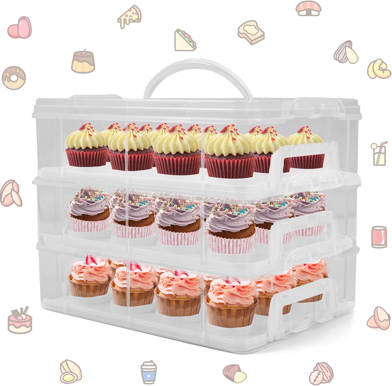 Cupcake Carrier, 3-Tiers Cupcake Containers, Holds 36 Cupcakes or 3 Large Cakes, Cupcake Holder, Cupcake Box with Lid and Handle (White, Basic) White Basic