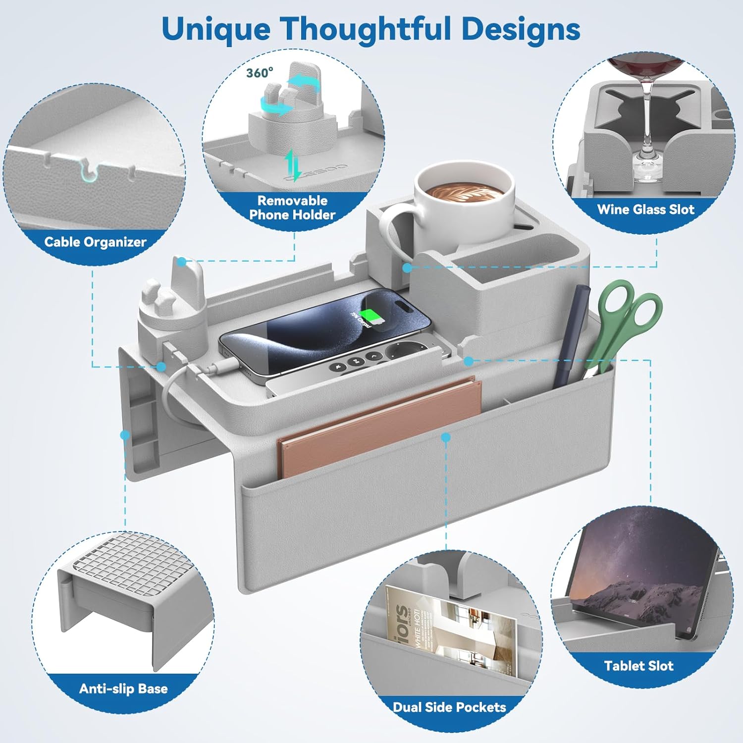 Couch Arm Cup Holder CLESOO Couch Arm Tray Anti-Slip Couch Cup Holder Silicone Sofa Armrest Tray Dual Side Pocket Couch Drink Holder Sofa Caddy Arm Remote Holder Snack Caddy with Phone Holder Grey - Image 5