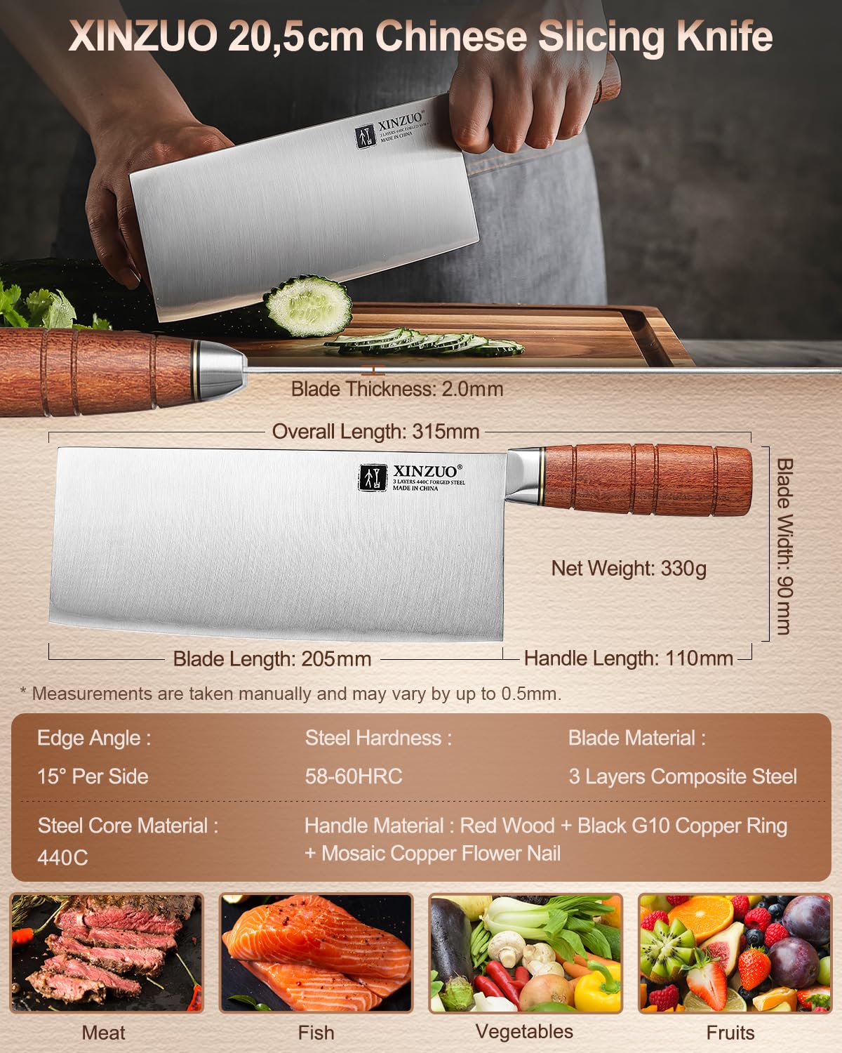 XINZUO 20,5cm Coltello da Cuoco Cinese Acciaio Composito 3 Strati Coltello da Chef Multifunzione -Professionale Acciaio Inossidabile Tagliente Mannaia Cinese -Manico Ergonomico in Red Wood