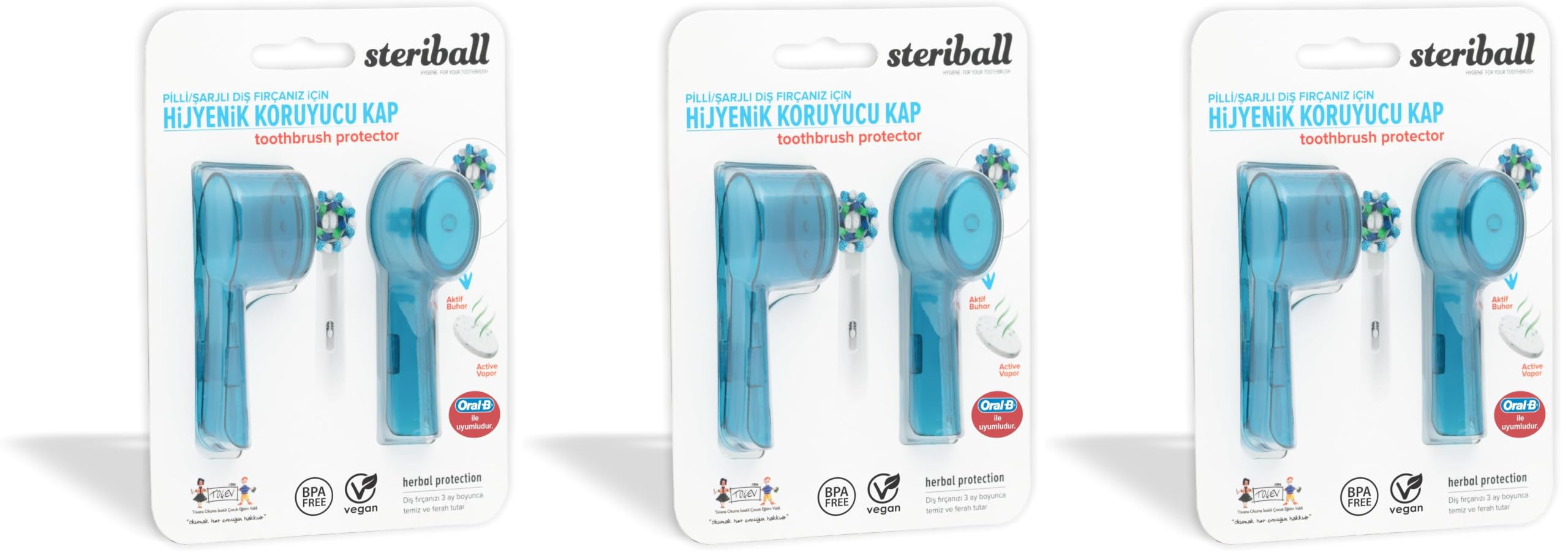STERIBALL ŞARJLI VE PİLLİ DİŞ FIRÇALARI İÇİN HİJYENİK DİŞ FIRÇASI KORUMA KABI-2'Lİ MAVİ (3 paketi)