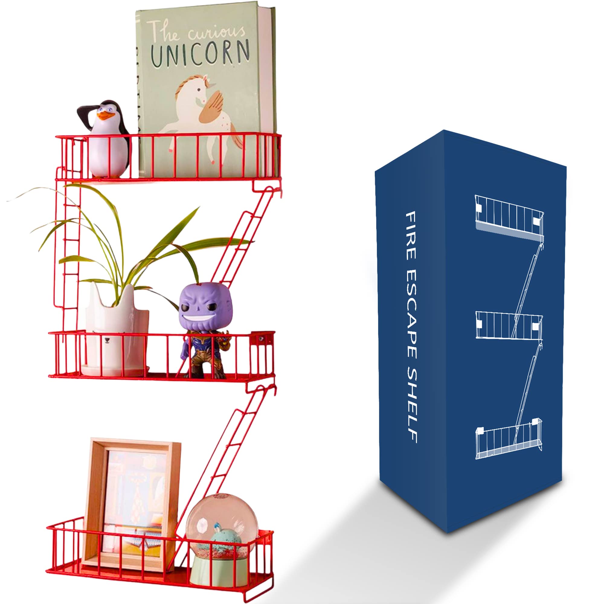 KOTIJOKI Fire Escape Wall Shelf - New York Metal Decorative Shelf with Screwdriver & Screws, Rustic Wall Shelves for Bedroom, Home DÃ©cor, Action Figure Display (3-Tier Red Floating Shelves)