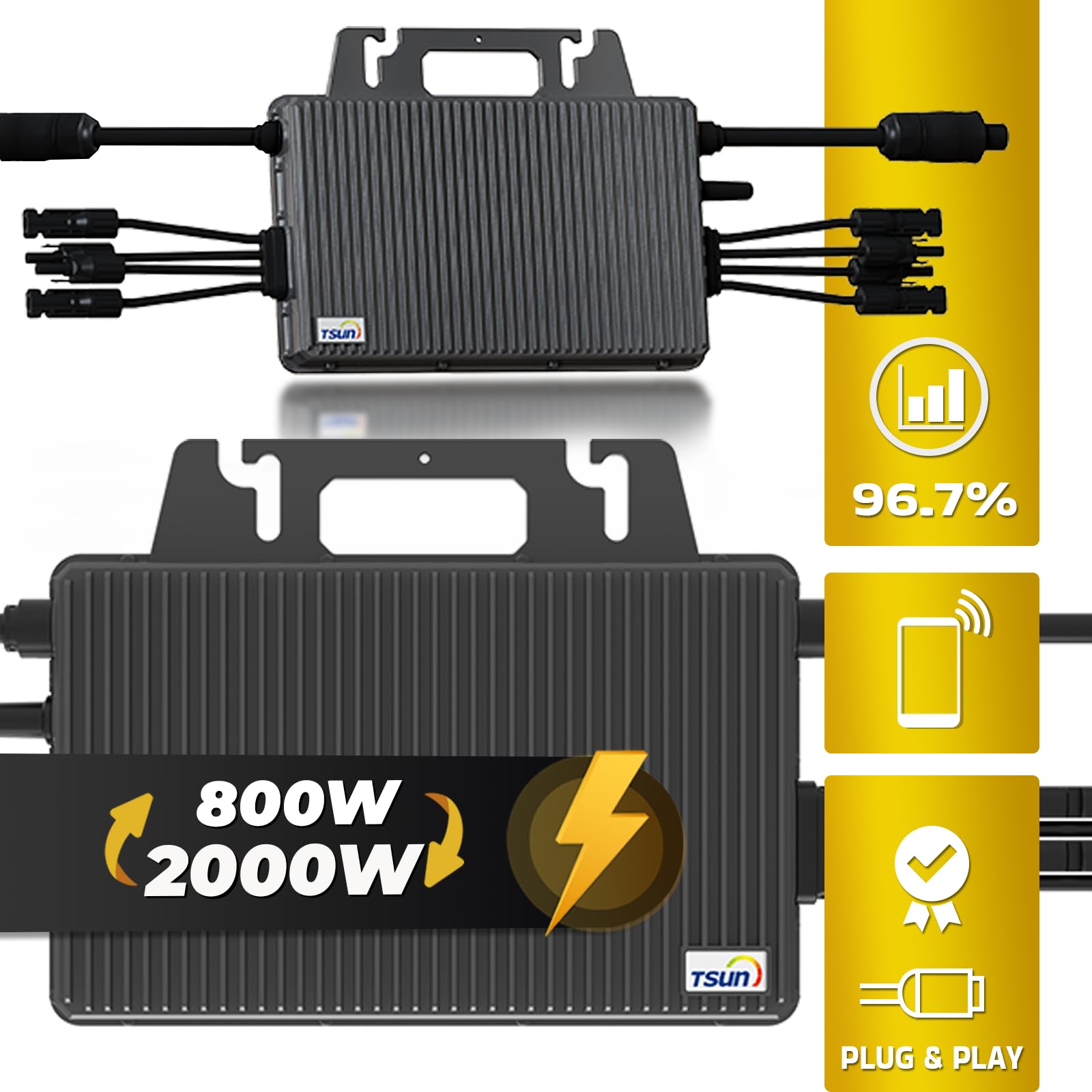 TSUN Mikro-Wechselrichter 2000W TSOL-MS2000 für Balkonkraftwerk, IP67 wetterfest, 4 MPPT, Bluetooth & WiFi, inkl. 5m Anschlusskabel, Micro Inverter