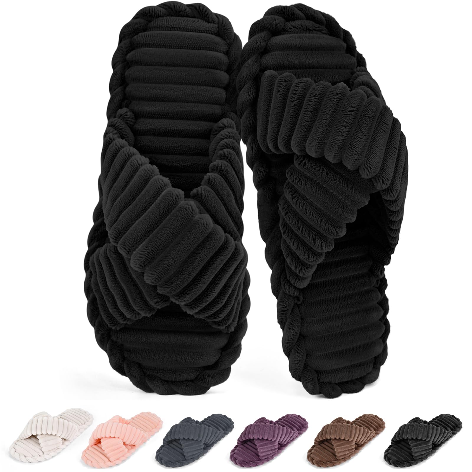 ZOORON Open Toe Slippers for Women Fuzzy Slippers Cross Band Cozy Memory Foam Slip On Plush House Shoes