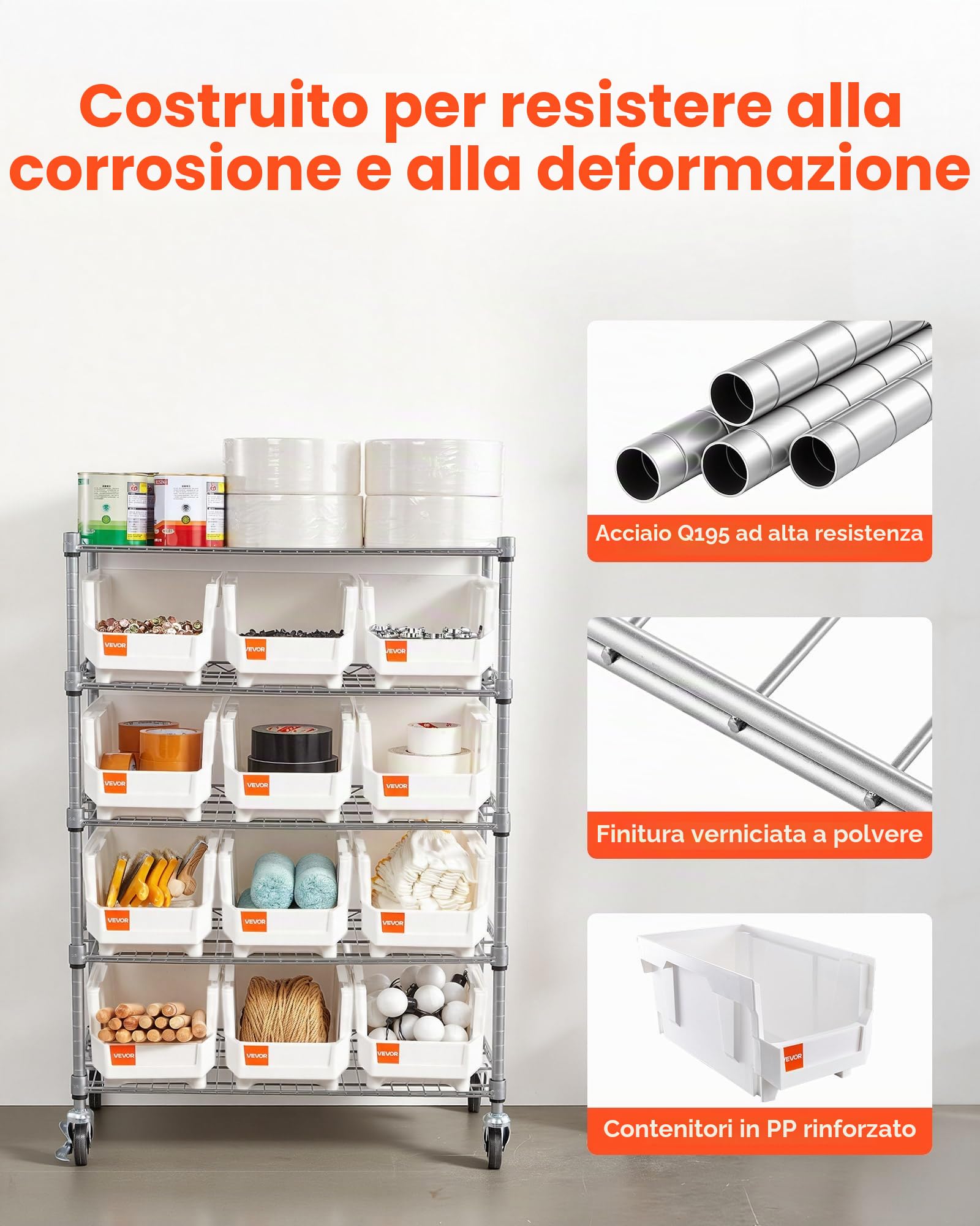 VEVOR Scaffale per Carichi Pesanti Portaoggetti con Ruote a 5 Ripiani, 12 Contenitori Portaoggetti, Sistema di Scaffalature in Filo d'Acciaio, per Garage, Magazzino, Ufficio, Ristorante, Aula, Cucina