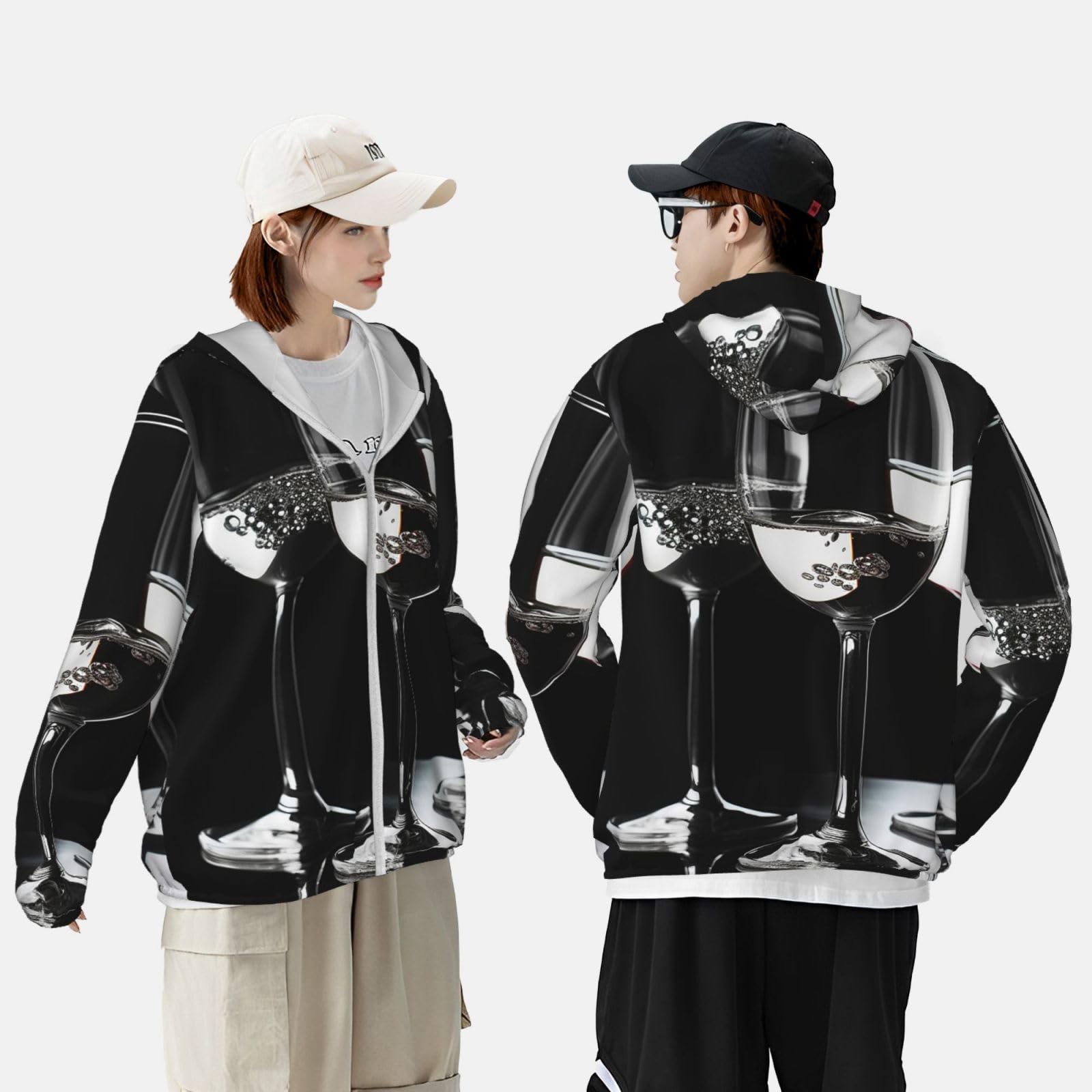 Men's Sun Protection Jacket UPF 50+ Full Zipper Long Sleeve UV Hoodie Shirt Wine Glasses Women's Outdoor Jacket