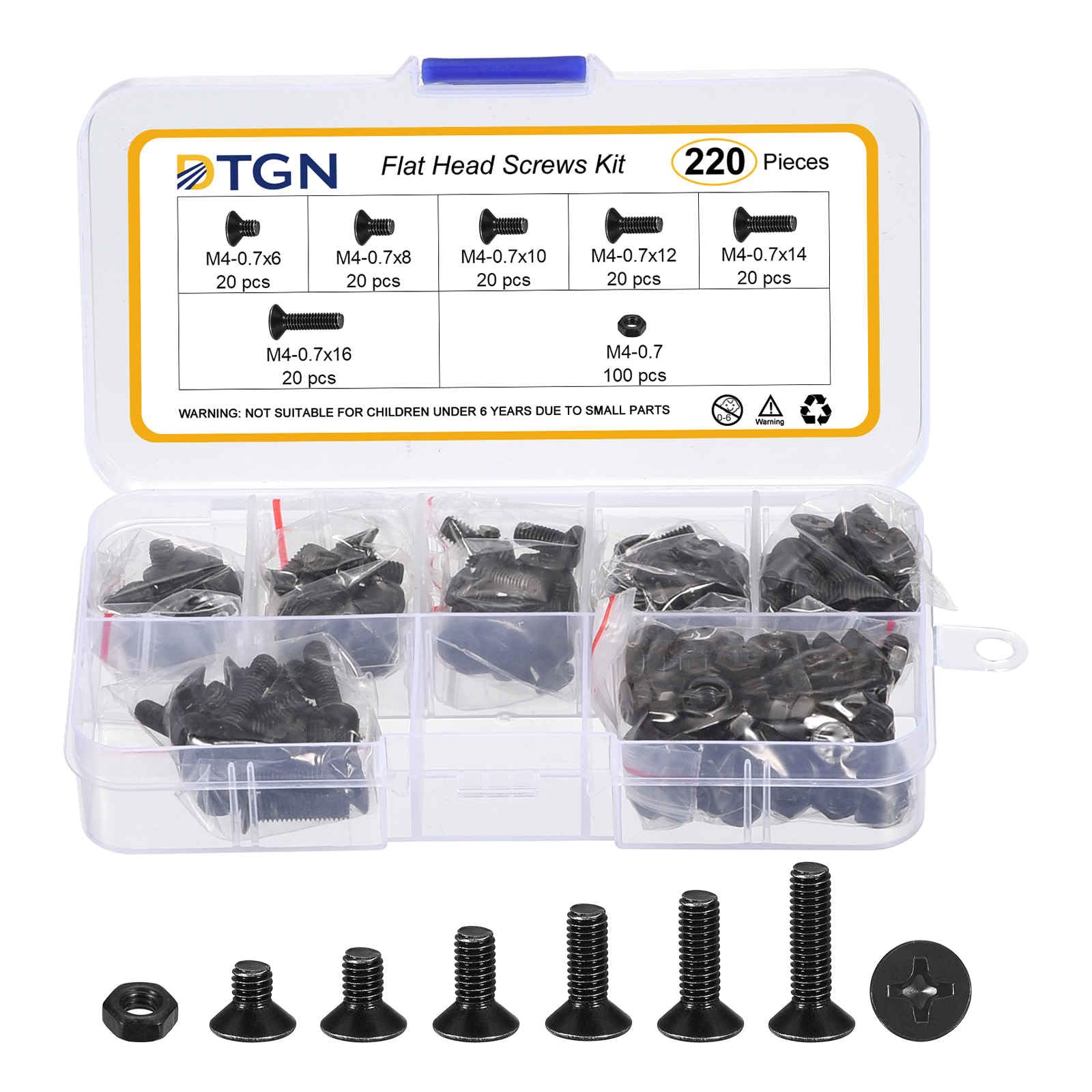 DTGN M4-0.7 Flat Head Nuts and Bolts Assortment Kit - 220pcs - Good for Furniture and Machinery - Carbon Steel Phillips Countersunk Machine Screws Set - Black — image 1